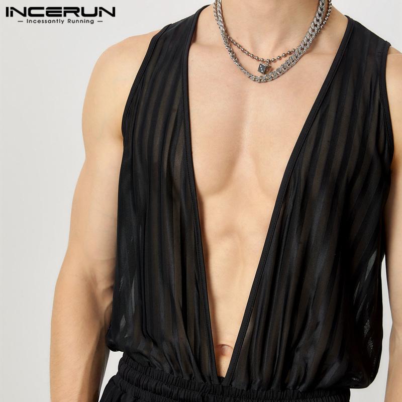 INCERUN Mono de Malla Transparente sin Mangas con Cuello en V Profundo y Cordón para Hombre