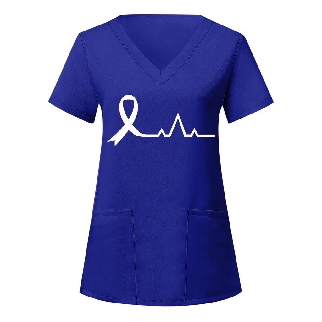 European and American Nurse Caregiver V-Neck Print Shirt with Large Pocket, Short Sleeve T-shirt for Women