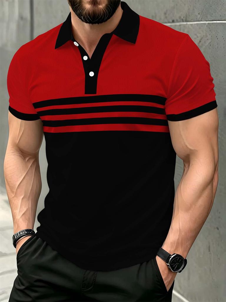 Men's Outdoor Polo Shirt, Available in Multiple Sizes, Featuring a Red and Black Color-block Design with Multiple Horizontal Stripes Across the Chest.