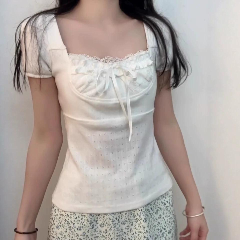 New summer sweet versatile lace edge age reduction temperament pure desire style t-shirt bow versatile top women