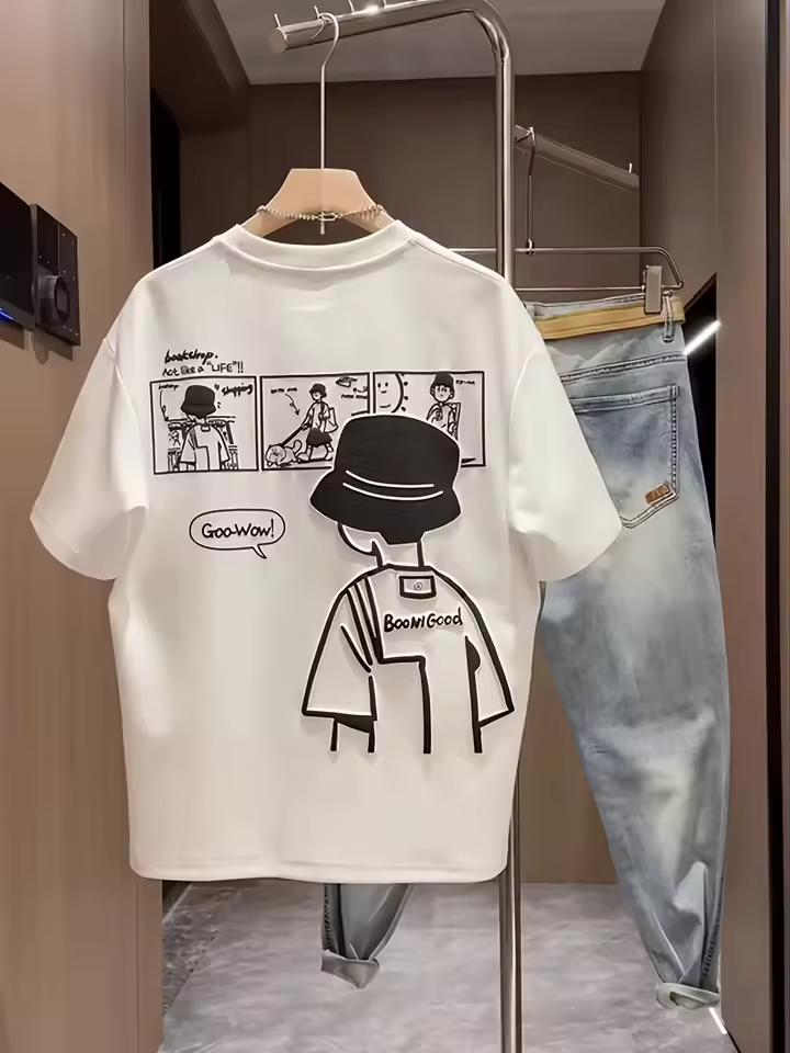 2026 Summer Men'S Cotton T-Shirt Casual Short-SleeveRound Neck Retro Comic Style Versatile for Loos