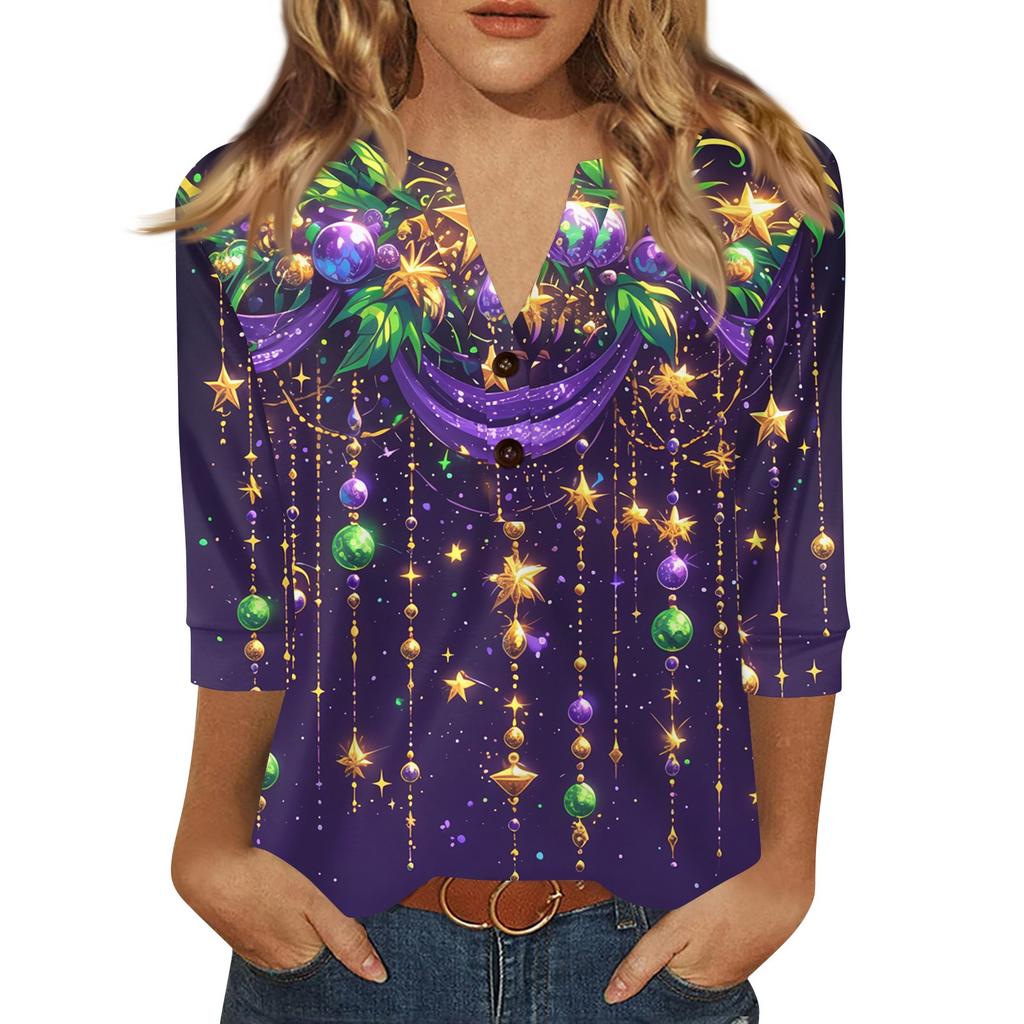 Women's Carnival Printed Fashionable Casual V-neck Button Seven Inch Sleeve T-shirt Top