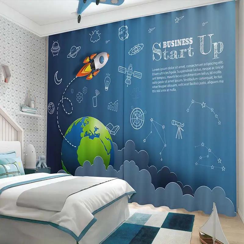 New Cartoon Earth Planet Space Astronaut Rocket Print High Shading Curtain Children's Room Living Room Window Curtain 2Pcs Home