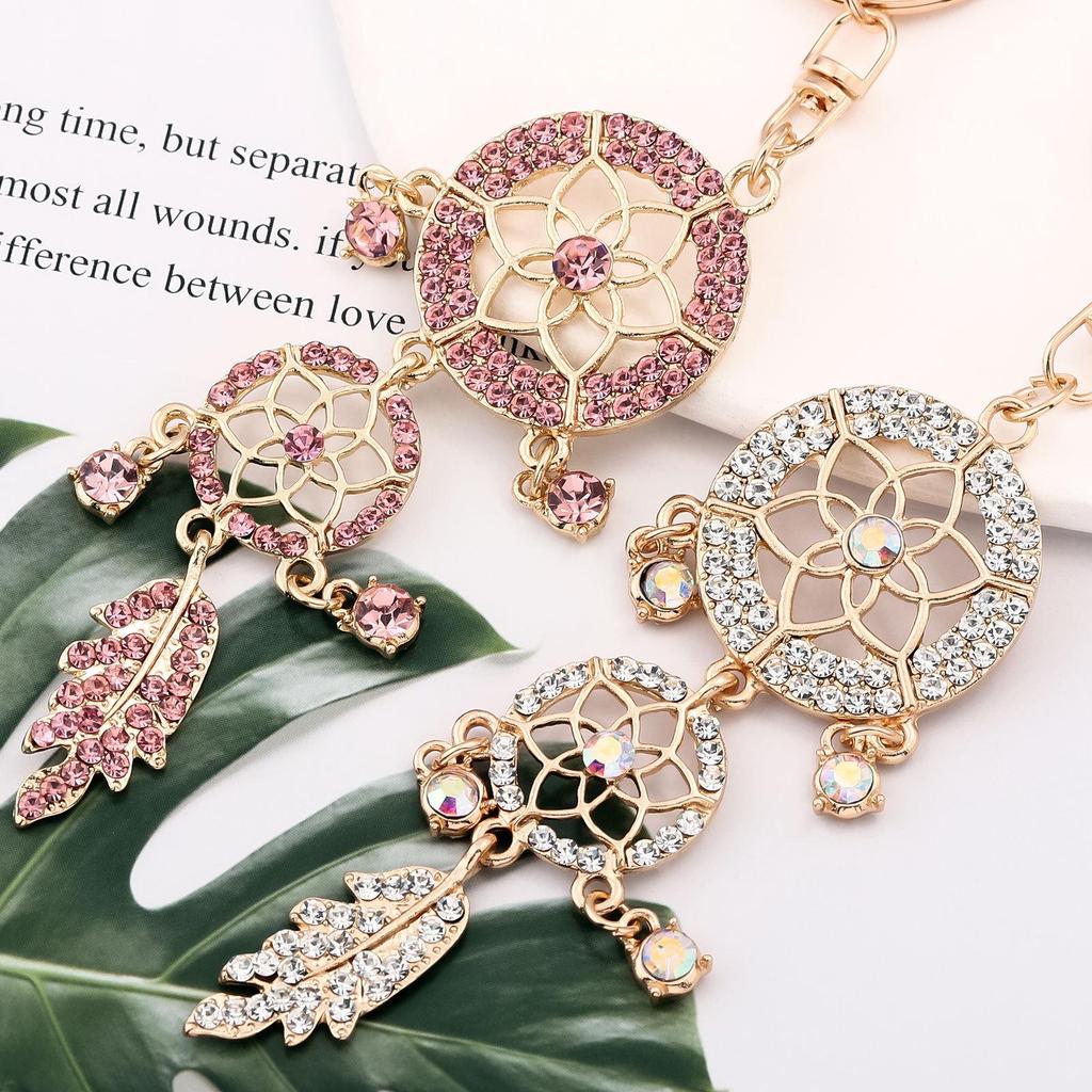 Rhinestone Dreamcatcher Keyring with Hollow Feather Pendant - Elegant Metal Gift