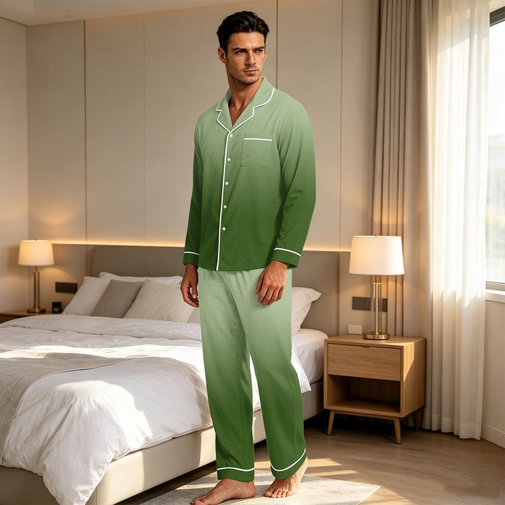 Men's Gradient Print Pajama Set: Loose Fit Lapel Cardigan & Straight Leg Pants - 2 Piece Sleepwear
