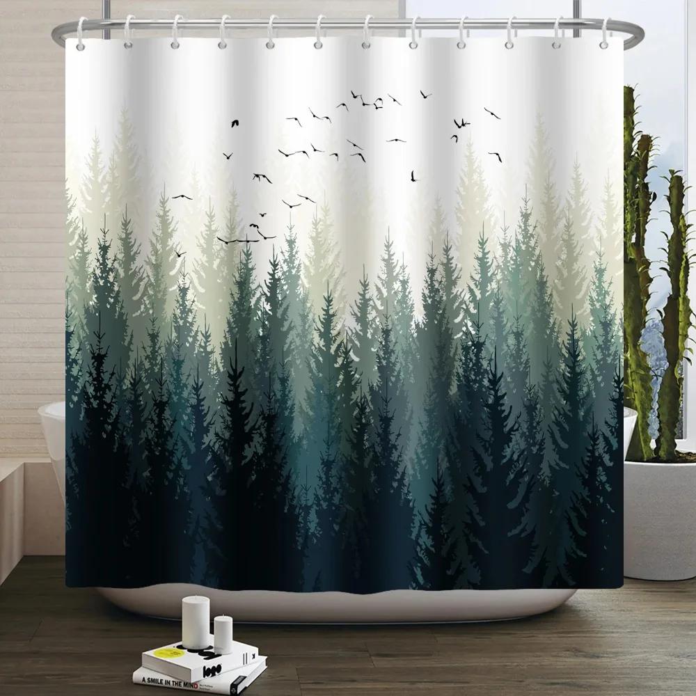 Misty Forest Shower Curtain for Bathroom Nature Mountain Tree Fog Woodland Waterproof Fabric Bathtub Shower Curtain Home Decor