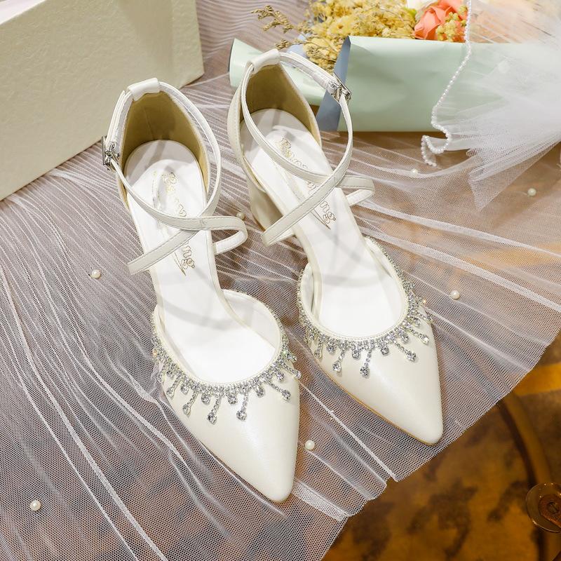 Fashion Women White Princess High Heels Pointed Toe Chunky Heel Cross Strap Lace Up Wedding Shoes Hollow Out Design Large Size