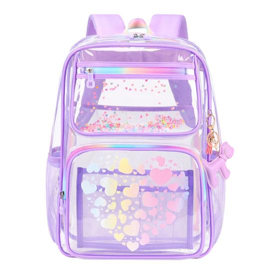 Kids Clear Backpack Waterproof Student Backpack with Love Heart Prints Book Bag with Front Zipper Pockets for Boys Girls School Street
