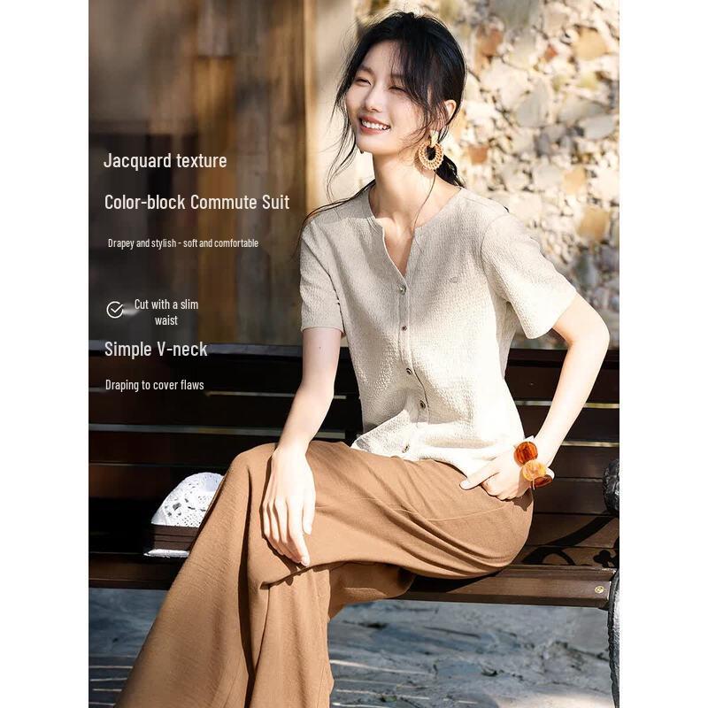 XWI Women s Jacquard V-Neck Color-block Casual Set S