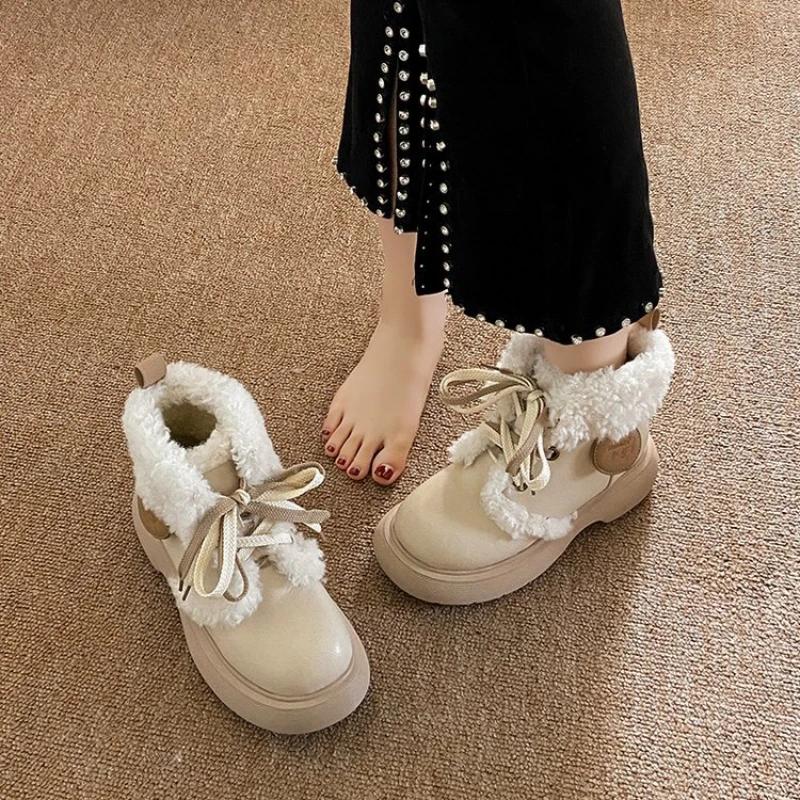 Fashion Snow Ankle Boots for Women Winter New College Style Small Leather Booties with Plush Insulation and Cute Round Toe Cotton Shoes