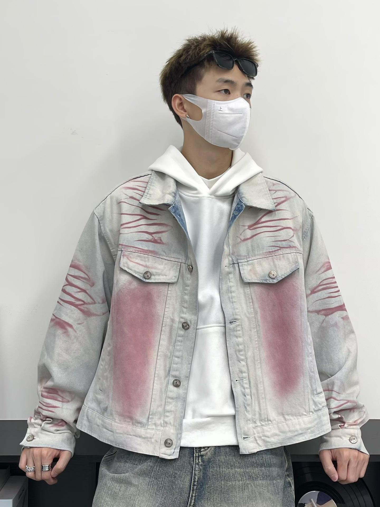 American retro washed denim jacket men s spring and autumn niche design lapel jacket top M