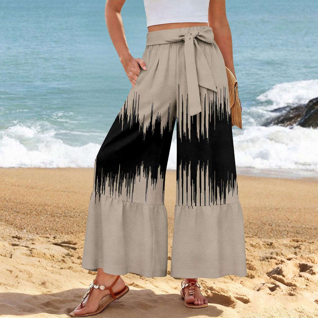 Women's Wide-Leg Casual Pants, Stretch, High Waist, Ruffled Hem, Wide Legs, Belted, And Pockets