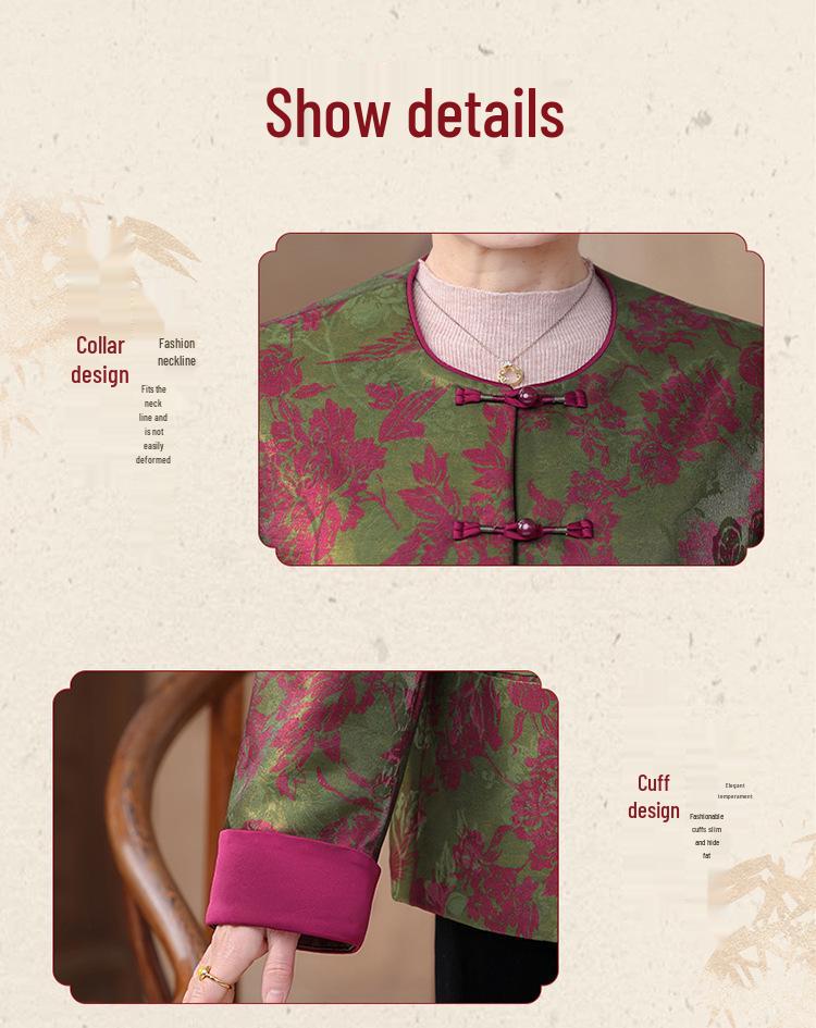 Spring Floral Wool & Cotton Frog Button Jacket for Middle-Aged and Elderly Women - Loose Plus Size