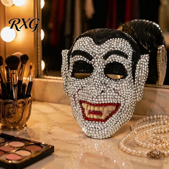 Masquerade Mask Halloween Skull Full Face Mask, Sparkly Rhinestone Undead Theme for Party, Adjustable Strap Cosplay Prop Women Men Lightweight Costume