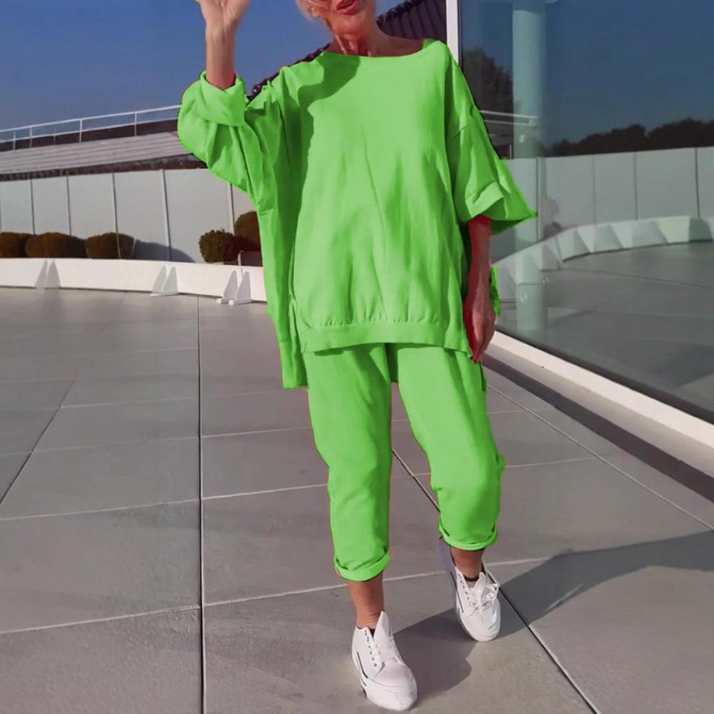 

Новый повседневный однотонный топ с круглым вырезом и длинными рукавами, спортивный и универсальный комплект брюк для женщин XXXL циан