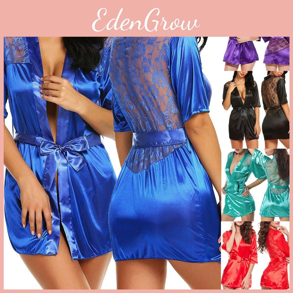 Women Lingerie Robe Satin Silk Lace Trim Sexy Kimono Robes Set Sleepwear