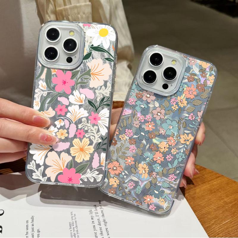 Simple Flower Pattern Luxury Glitter Case For iPhone 16 Pro Max 15 Pro 14 13 12 11 Slim Glossy Shockproof Hybrid PC TPU Clear Phone Cover