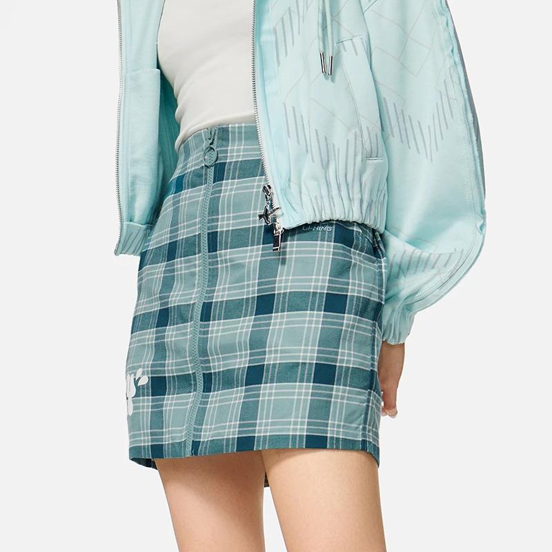 Li Ning X Persue Artist Collaboration Color Block Plaid A-Line Skirt Women Skirts Green ASKR242-3