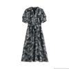 European Station Fashion Printing Temperament Elegant Long Skirt Summer New V-Neck Short Sleeve Waist Dress Women