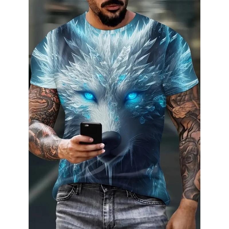 Wolf Pattern 3D Print Men's T-shirt Summer Casual Round Neck Short Sleeve Animal Print T-shirt Outdoor Fashion Male Clothes