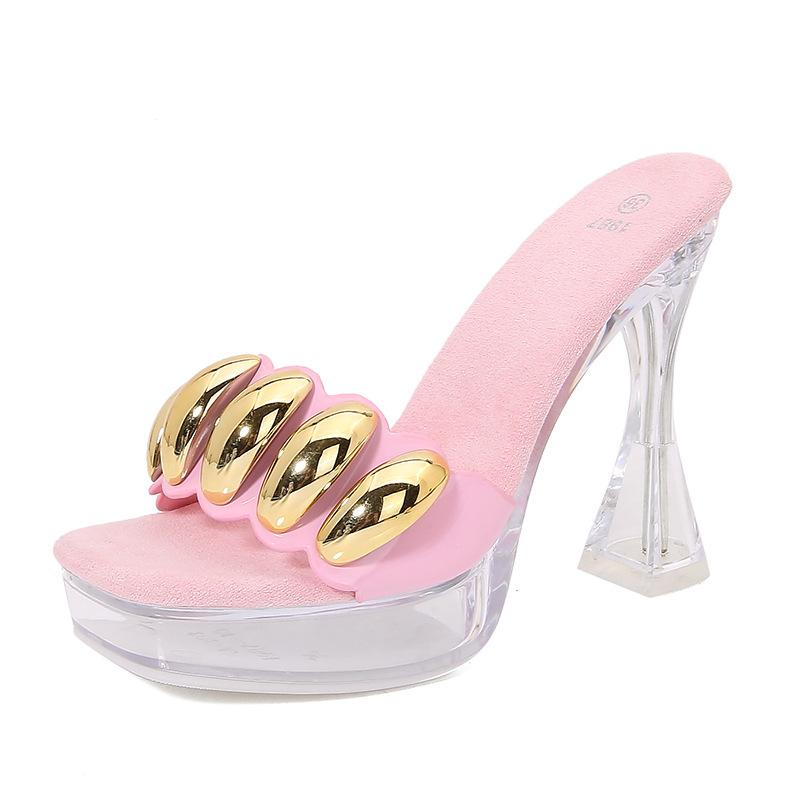 Fashion 12cm Chunky Heels Crystal Square Toe Women's Slippers for Nightclub Sexy Car Model Transparent with Slip-resistant Water Drill