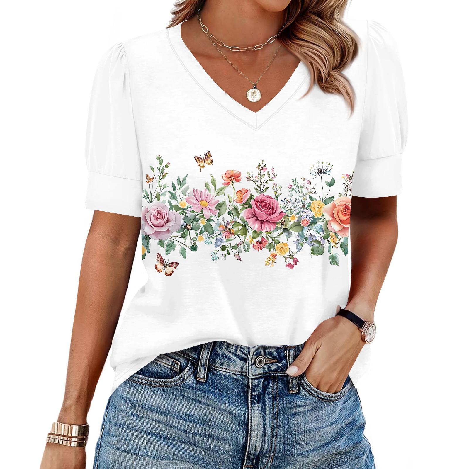 

Women s Fashion Casual V- Neck Short Sleeve Print Shirt Women s Up Tops M білий