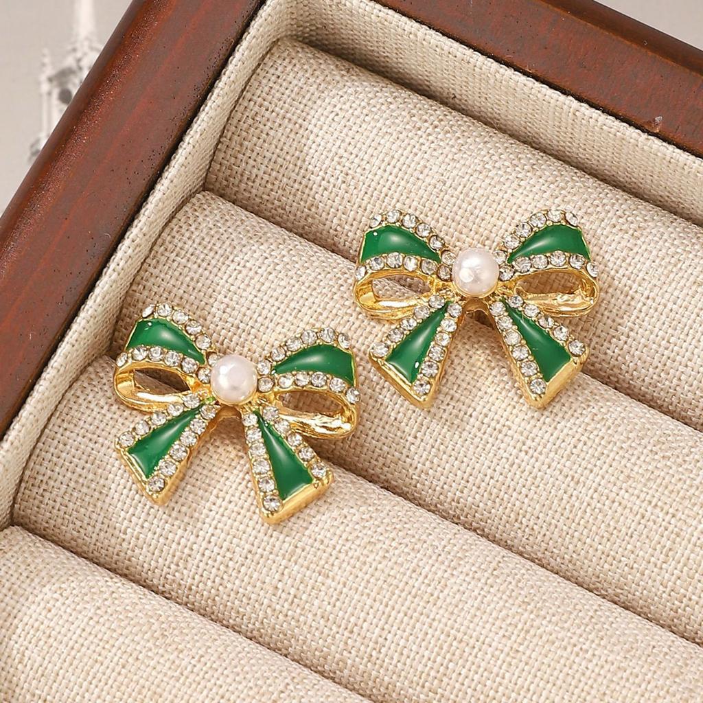 Christmas Bowknot Shaped Studs Earrings Alloy Dripping Oil Ear Rings for Women Girls Elegant Party Wear Ear Accessories