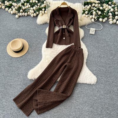 Herbst Winter Damen Vintage Designer Strickpullover Hose Zweiteiliges Set Blazerkragen Jacke Mantel und Weitbeinige Hose Trainingsanzug