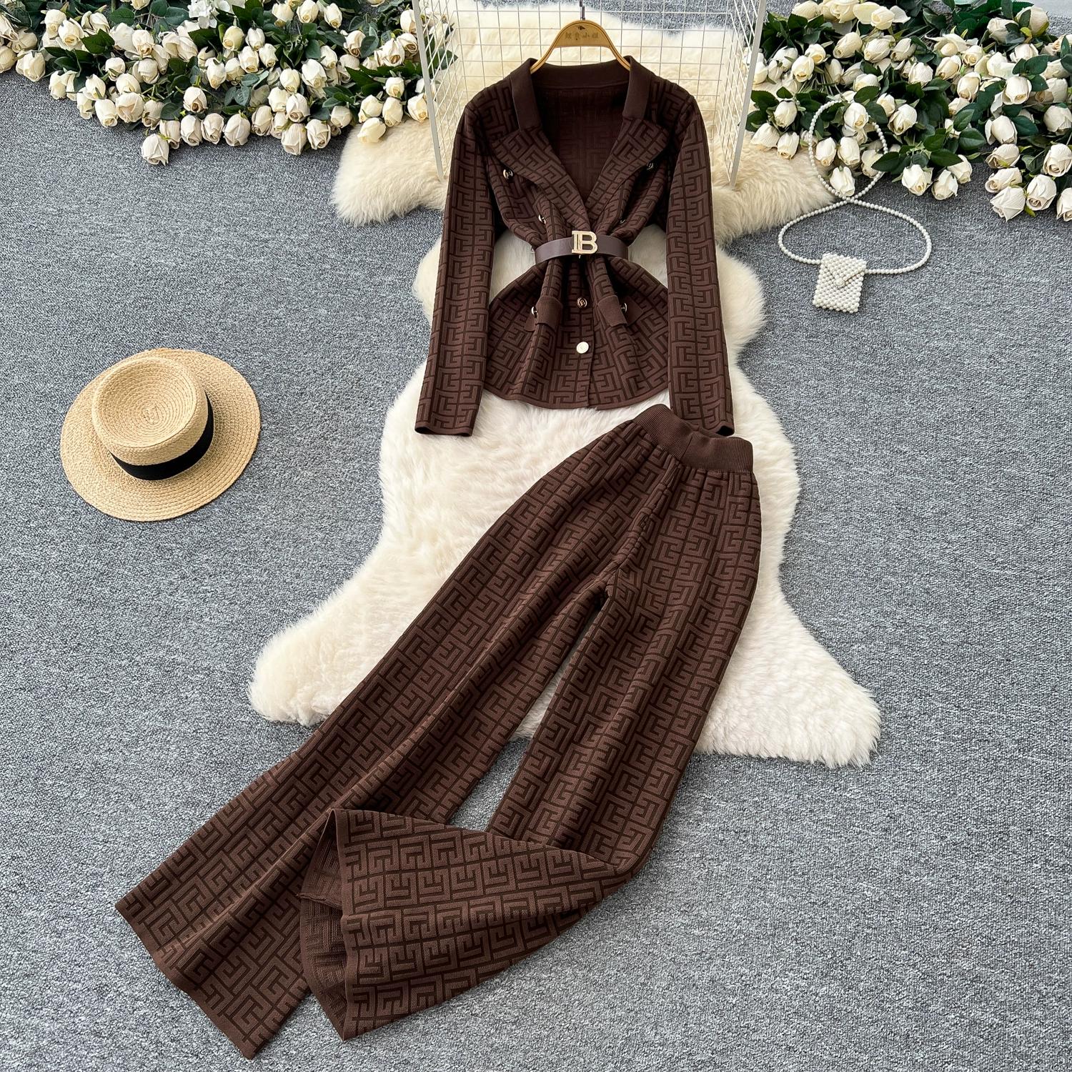 

Autumn Winter Women Vintage Designer Knitted Sweater Trouser Two Piece Set Blazer Collar Jaket Coat and Wide Leg Pant Tracksuit One Size