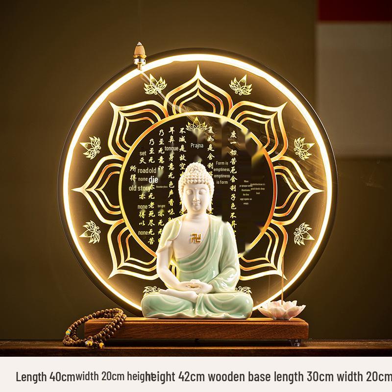 Keramik Shakyamuni Buddha Statue - Wohnzimmer Kunstwerk mit den Drei Heiligen und Lichtkreis Design