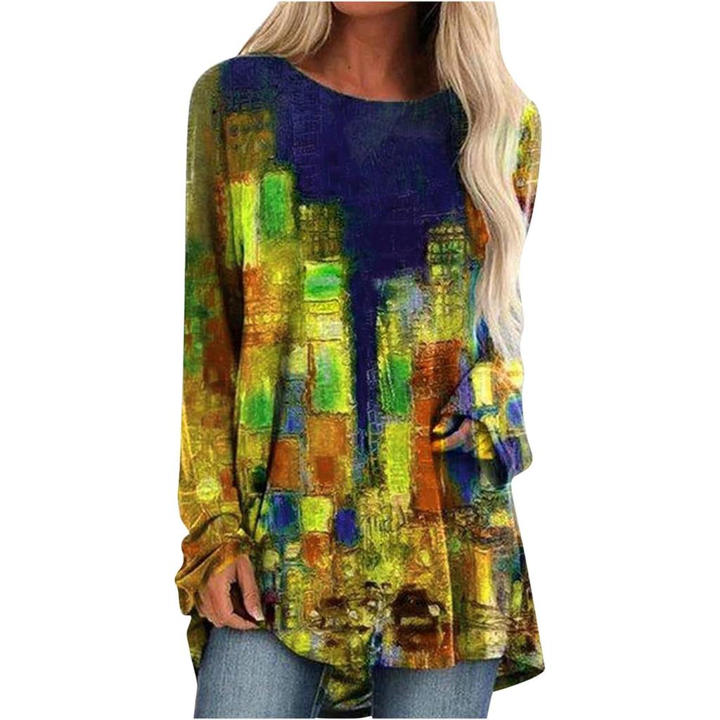 Spring and Autumn Round Neck 3D Color Blocking Printed Top Fashionable Casual Long Sleeved Women's T-shirts