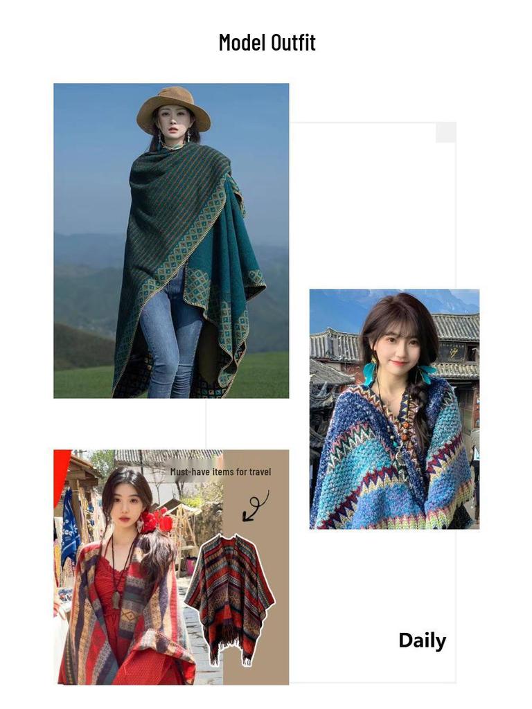 Ethnic Ink Painting Tassel Shawl Cape - Imitation Cashmere, Women's Travel Outfit