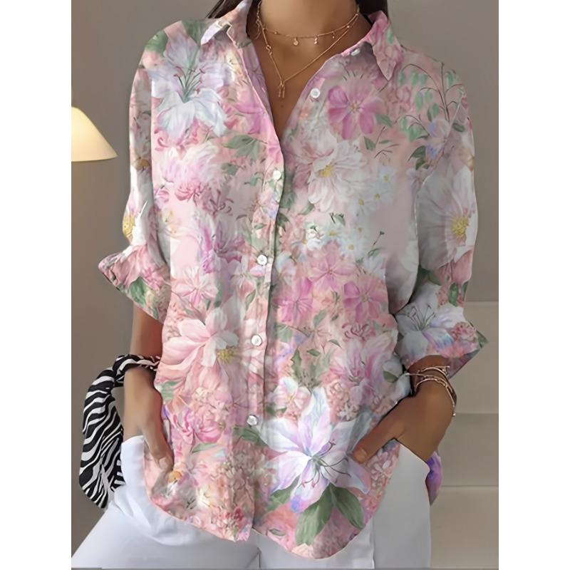 Stylish and Elegant Large Size Printed Long Sleeve Lapel Casual Women's Shirt