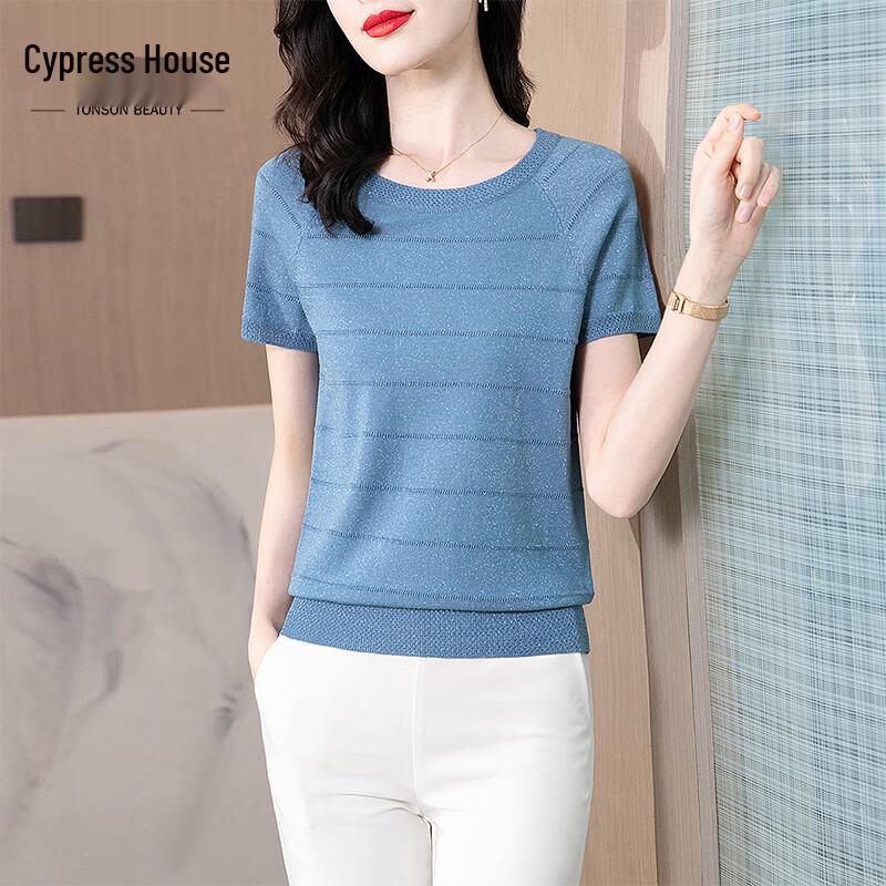 Women s 2025 Spring/Summer Blue Striped Short Sleeve Knit Top M