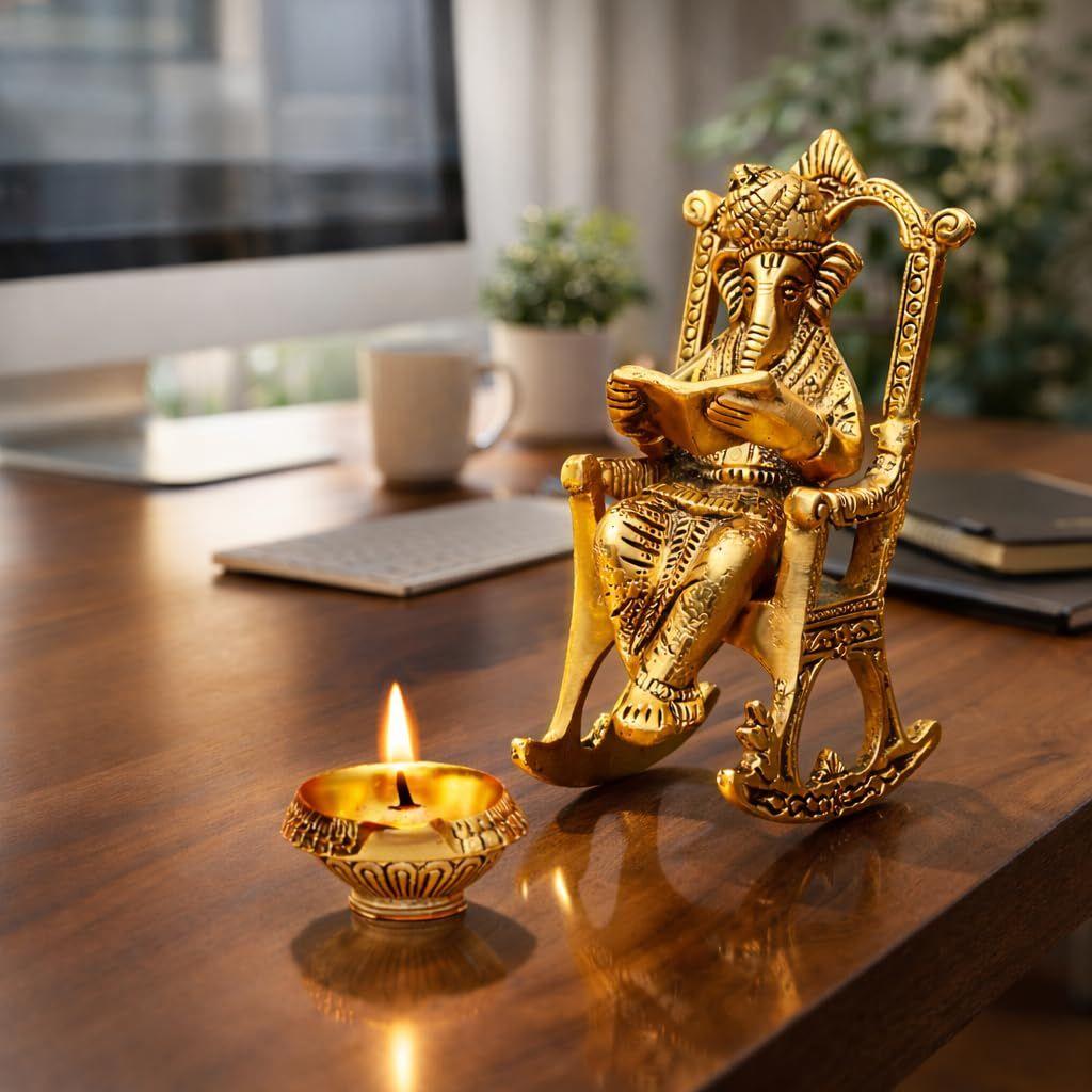 Metal Lord Ganesh Reading Ramayana Statue Ganpati Sitting on Chair with Kuber Diya Idol for Home Office and Gifts Decor