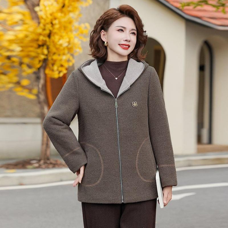 

Mid-Spring and Autumn hooded woolen jacket Middle-aged and elderly women s piled thickened age-reducing casual jacket 5XL [Recommended 150-80 kg] армия зеленый