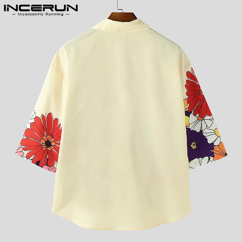 INCERUN Cămăși și topuri casual supradimensionate pentru bărbați, cu guler rabatat, mâneci 3/4, nasturi și imprimeu floral, pentru vacanță