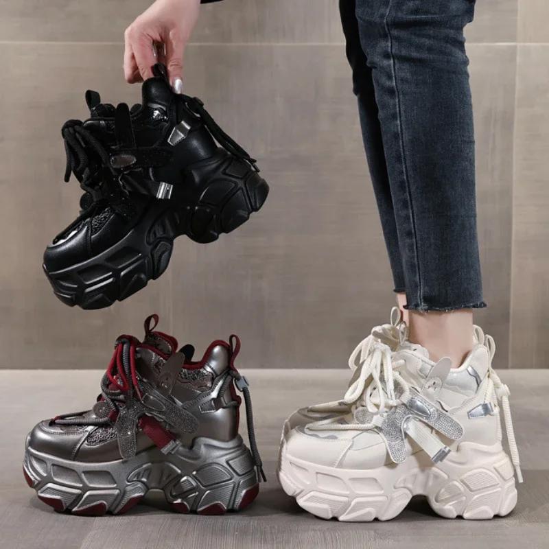 Fashion 10cm Microfiber Genuine Leather Vulcanize Chunky Sneaker Platform Wedge Fashion Spring Shoes Ankle Boots Women Autumn