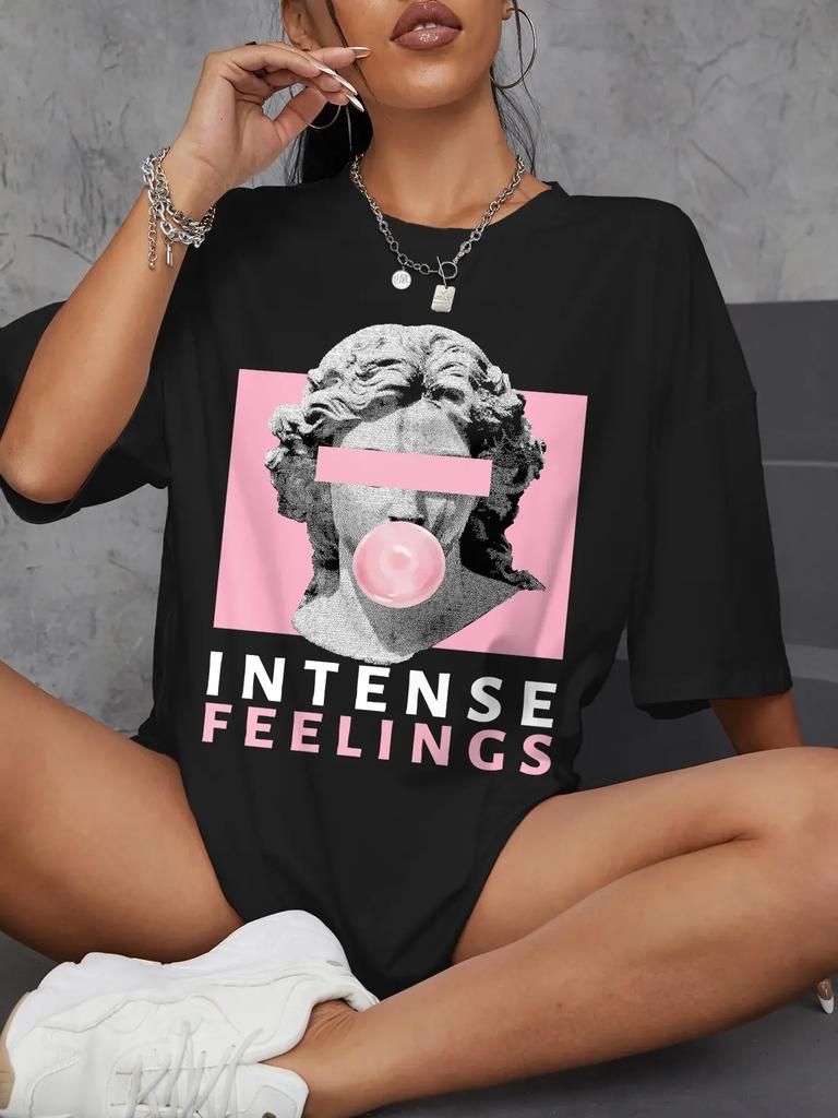 Unisex INTENSE FEELINGS Street Hip Hop Female T-Shirts Loose Oversize Short Sleeve Soft Soft Tops Summer Breathable Tee Clothing