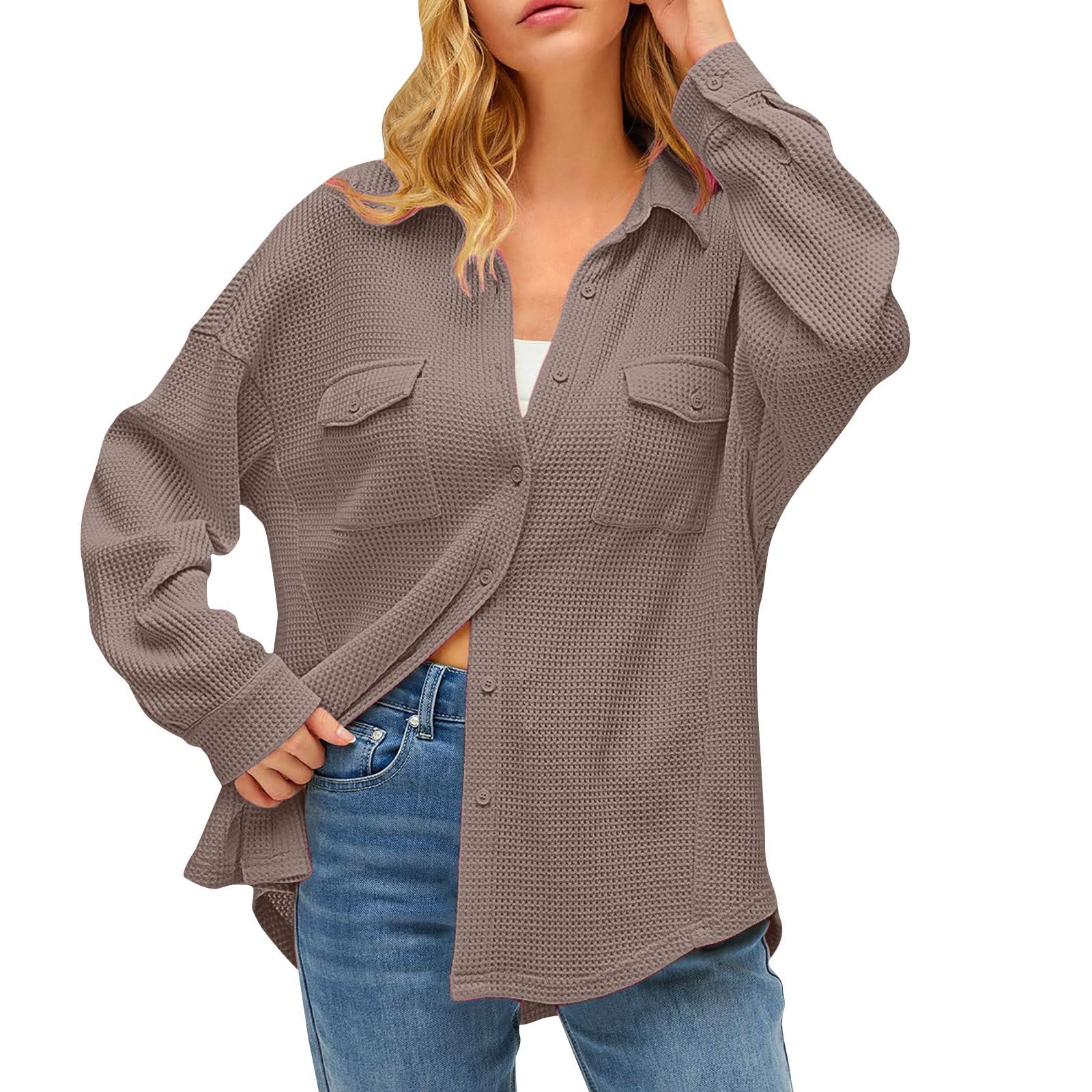 

Women s Pocket Blouse Solid Color Casual Loose Long Sleeve Top XL верблюд
