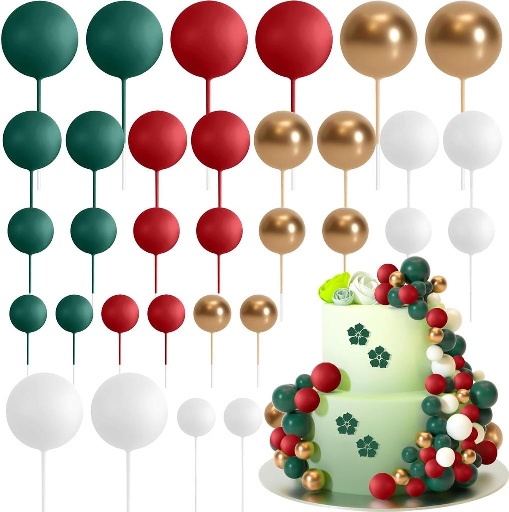 32Pcs Christmas Ball Cake Topper Decorations Foam Balls Cake Picks Cake Topper Balls Cake Decorations for Wedding Party Birthday