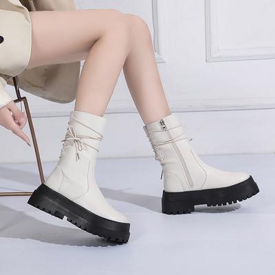 Bottes de Mode pour Femmes 2024 Nouvelles Bottes en Cuir à Semelle Épaisse Bottines pour Femmes Fermeture Éclair Latérale Bottes de Cavalier Lacets Arrière Bottes Mi-mollet