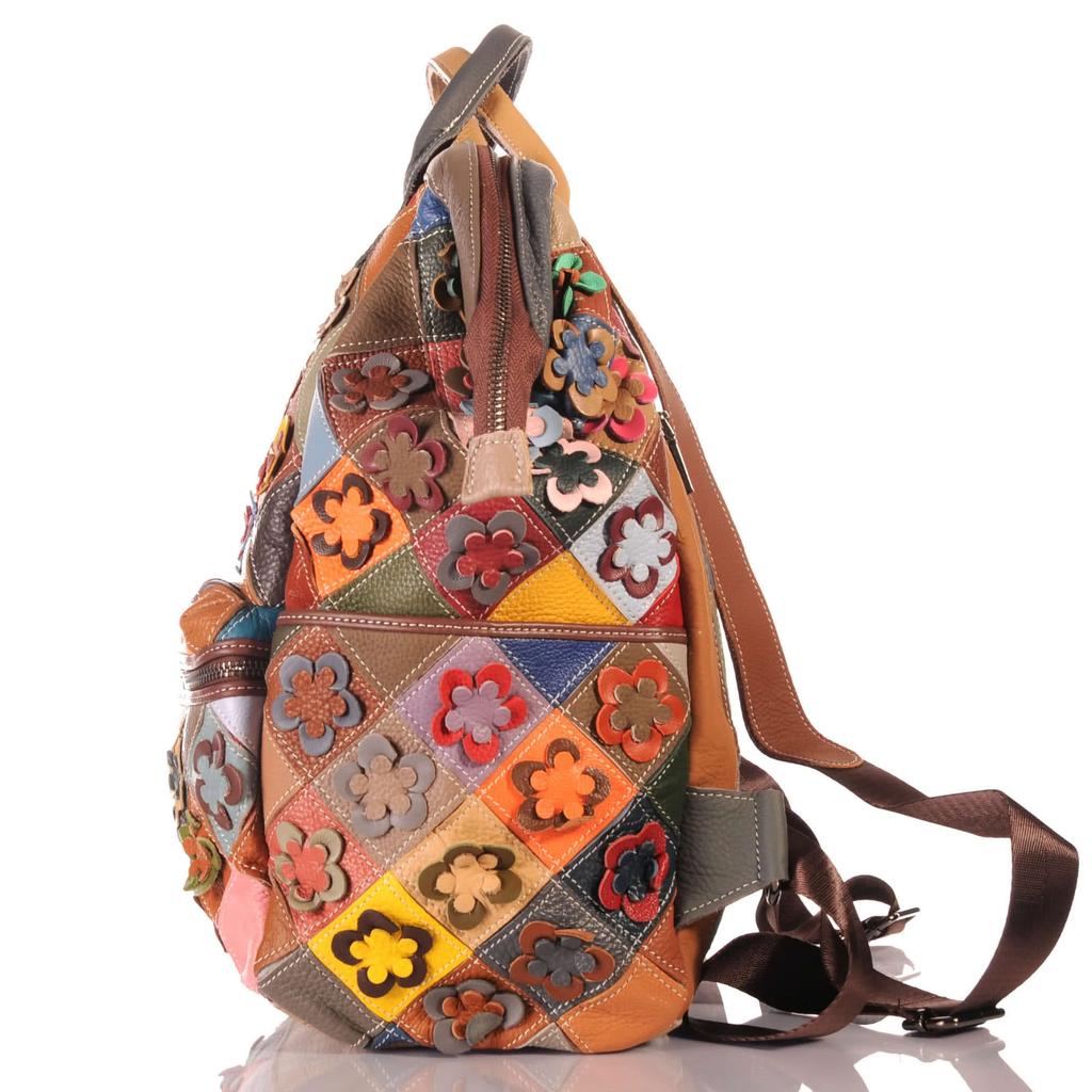 Damen Patchwork Leder Rucksack groß – Blumen Unikat