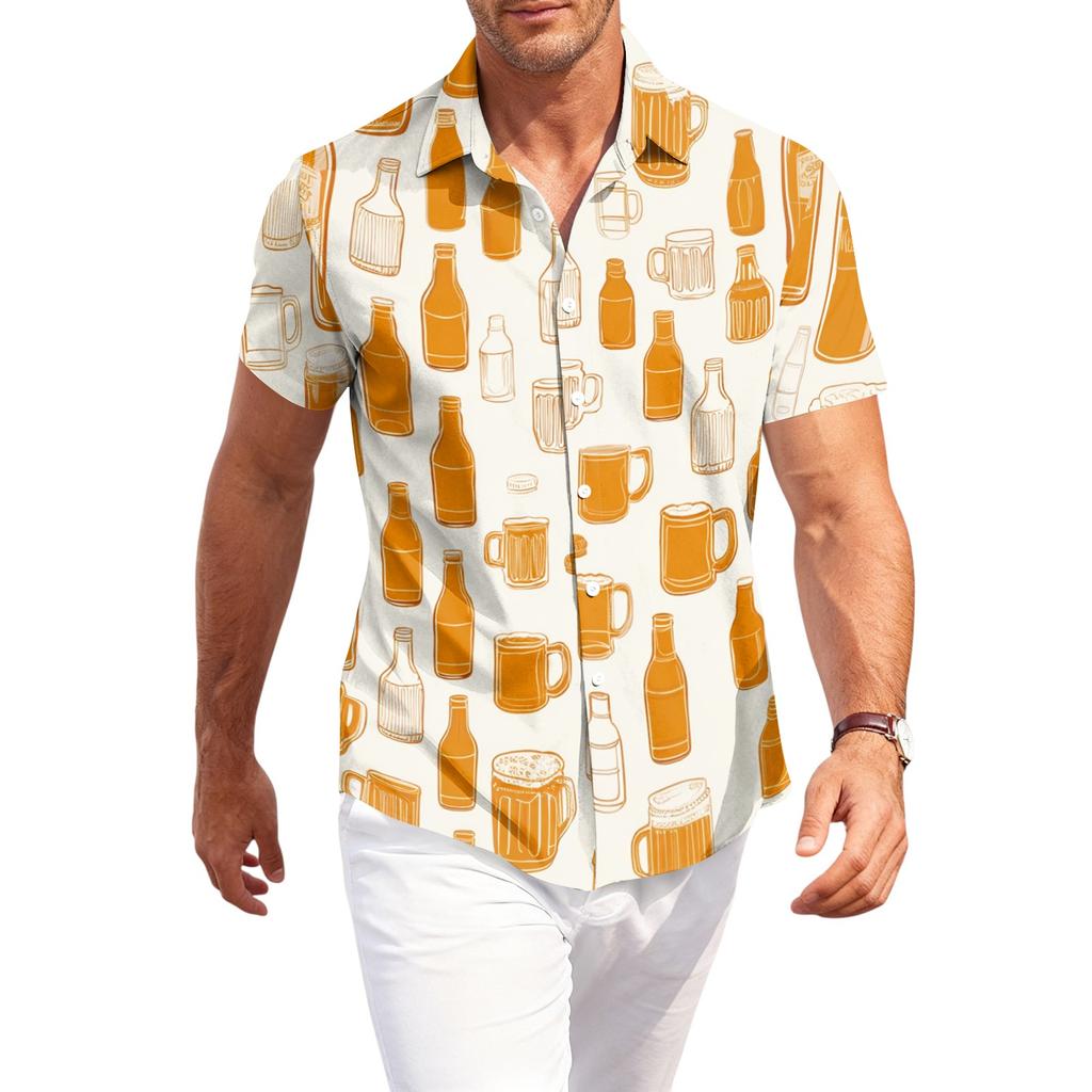 Camicia Casual da Uomo a Maniche Corte con Bottoni e Stampa Festival della Birra Tessuto Leggero Traspirante Vestibilità Rilassata Top Estivo