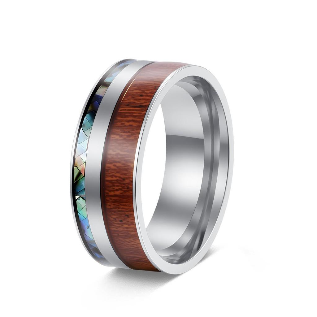 European-American Wood Grain Abalone Shell Titanium Steel Ring - Luxury Men's Tungsten Carbide Jewelry.