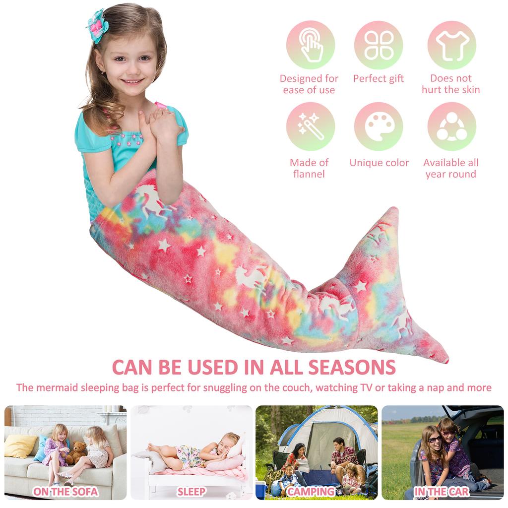 Flannel Mermaid Sleeping Bag Super Soft Luminous Mermaid Blanket Flannel Girls Mermaid Tail Blanket Gifts for Girls 3 To 6 Years