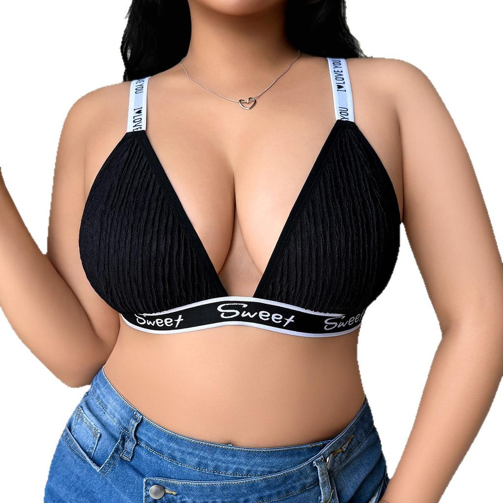 Plus Size Letter Print Ribbed Wireless Bralette