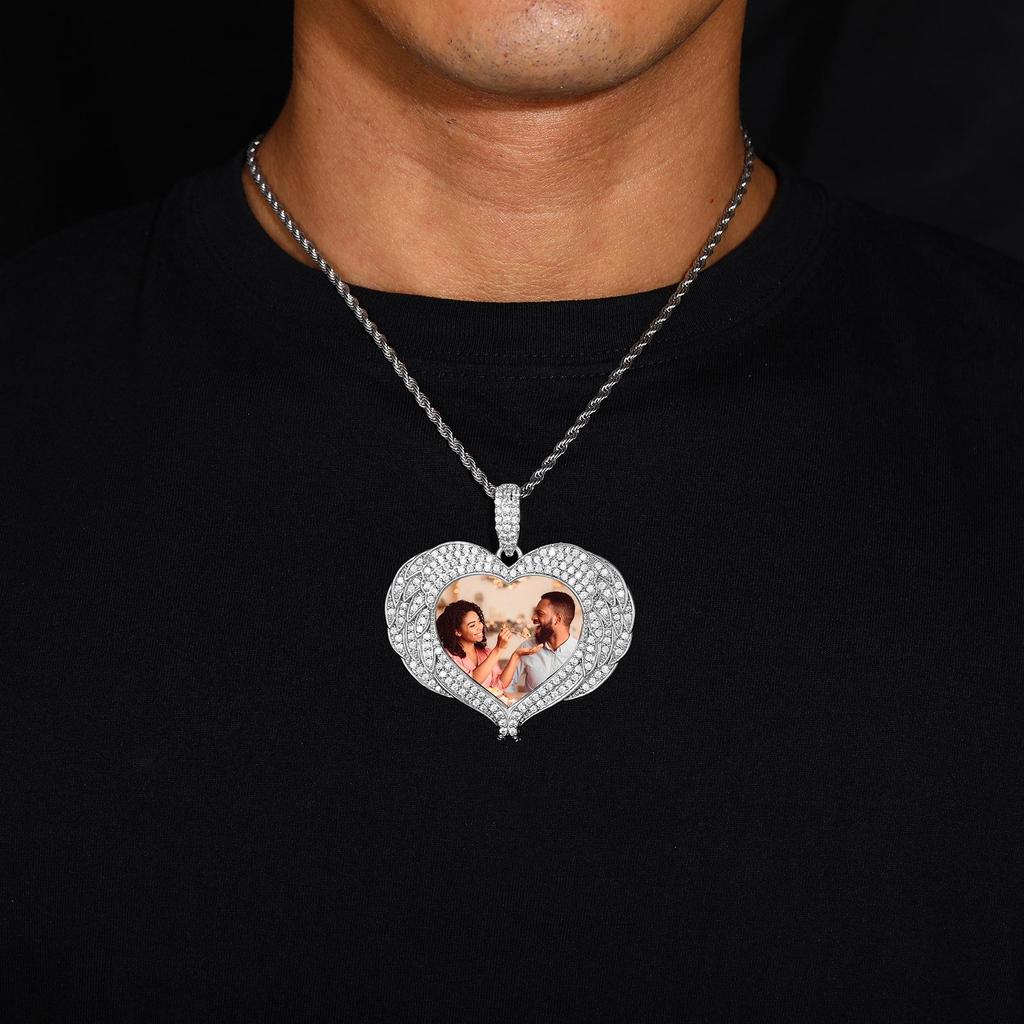 Custom Trendy Heart and Angel Wings Photo Necklace - Personalized DIY Pendant Jewelry