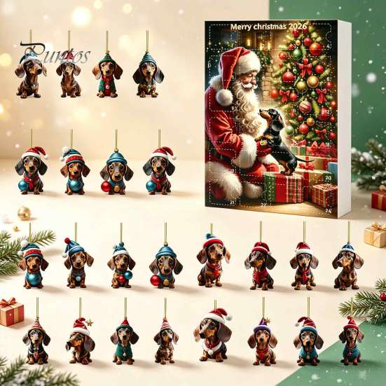 Calendario del Conto alla Rovescia per le Feste Calendari dell'Avvento Bassotto 2026, 24 Giorni Ciondolo Acrilico 2D Set di Ornamenti Cane Carino di Natale Calendario, da Collezione