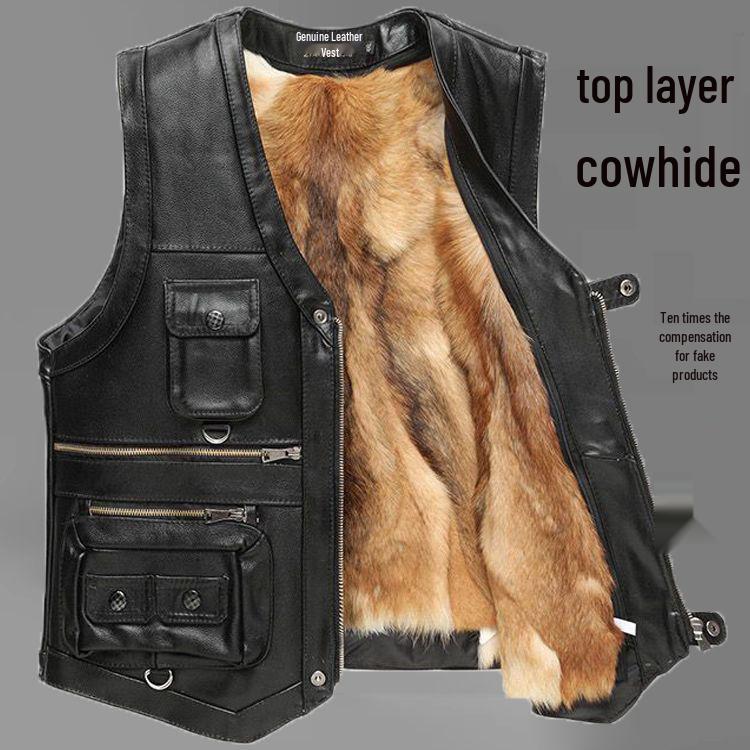 Herren Plus Size West aus echtem Rindsleder mit mehreren Taschen – Lässiges Gilet für Frühling, Herbst, Winter & Vaters Outfit